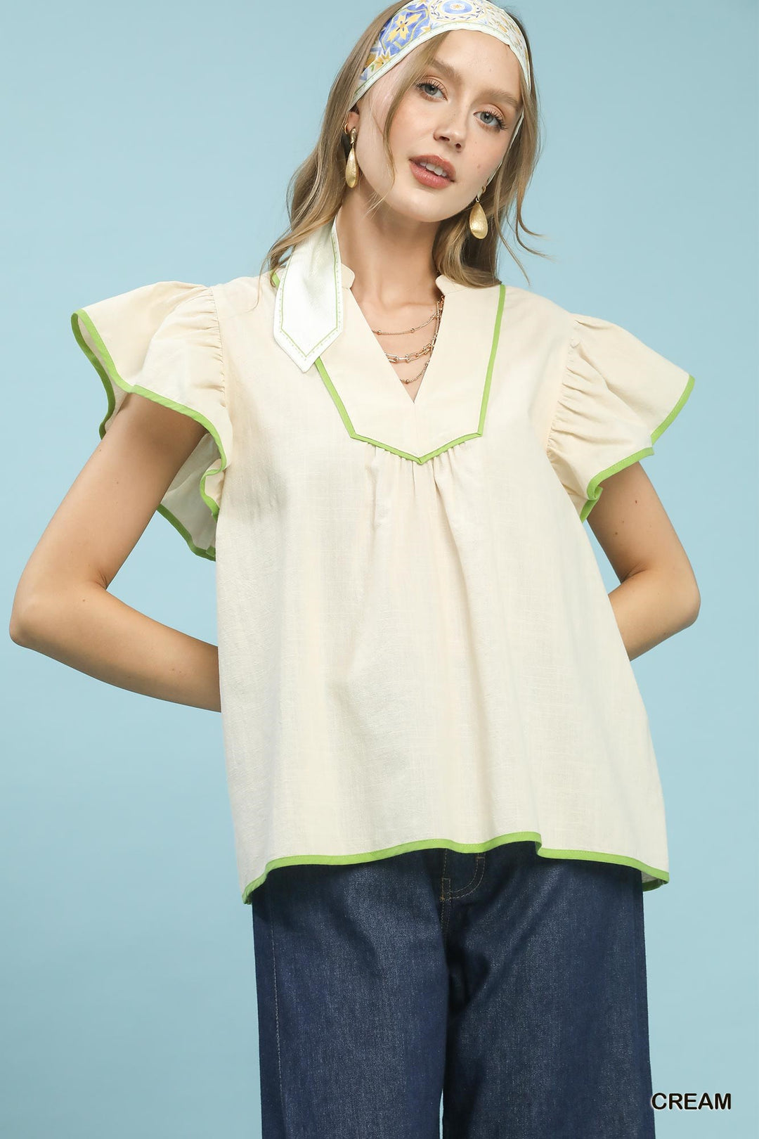 Cream Umgee Contrast Trim Babydoll Blouse