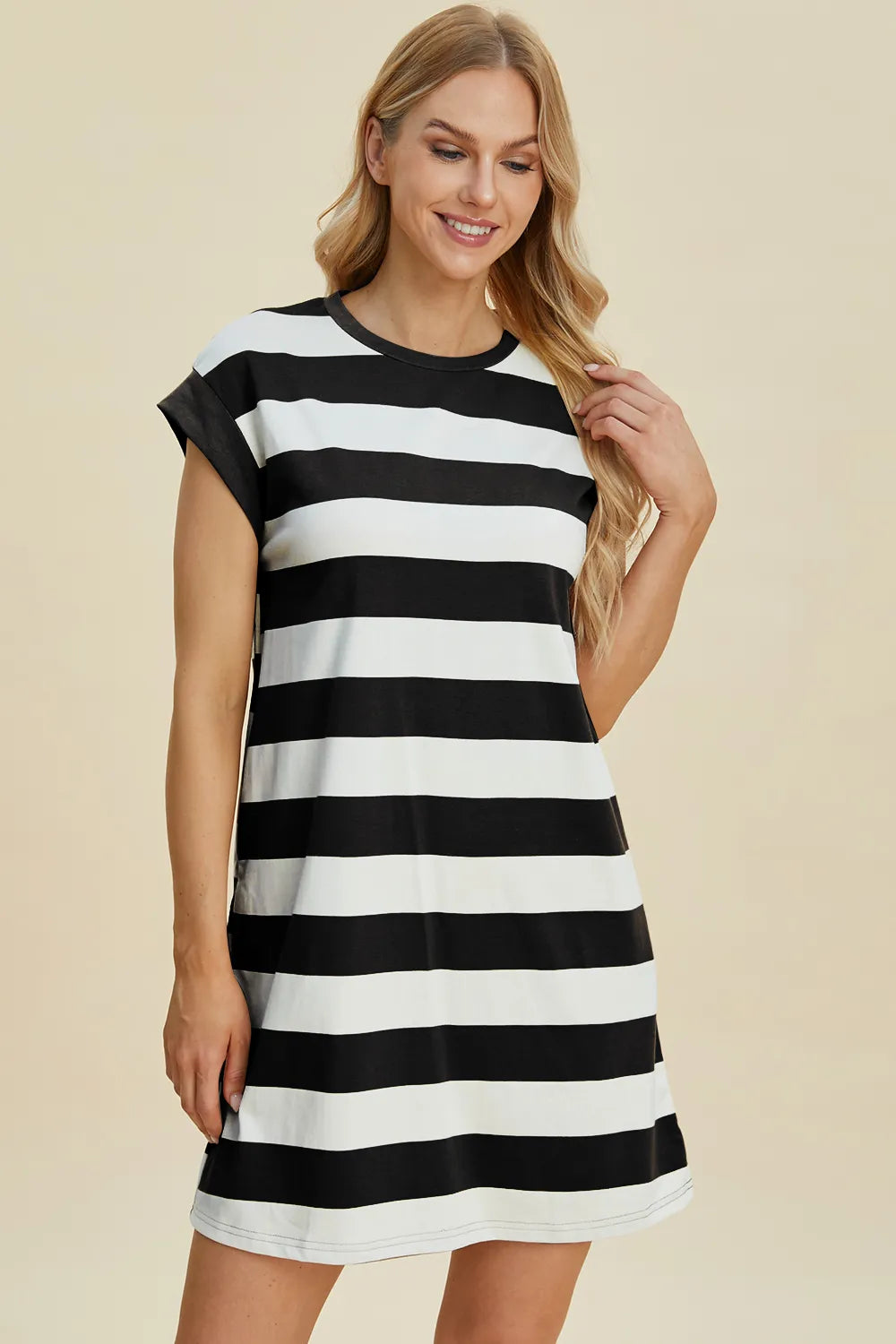 Black Basic Bae Full Size Striped Round Neck Cap Sleeve Mini Dress