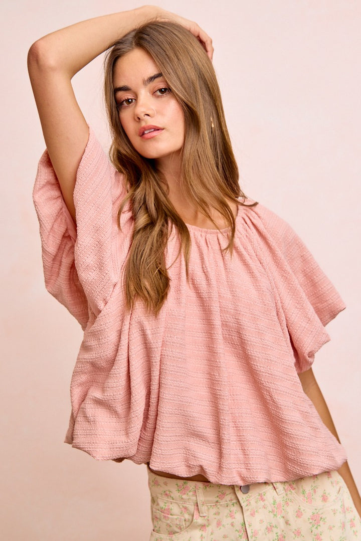 Rose Bibi Stripes Textured Shirred Neckline Bubble Hem Top