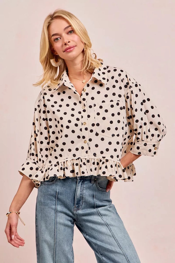 Off White/Black Bibi Polka Dot Printed Peplum Top With Front Button