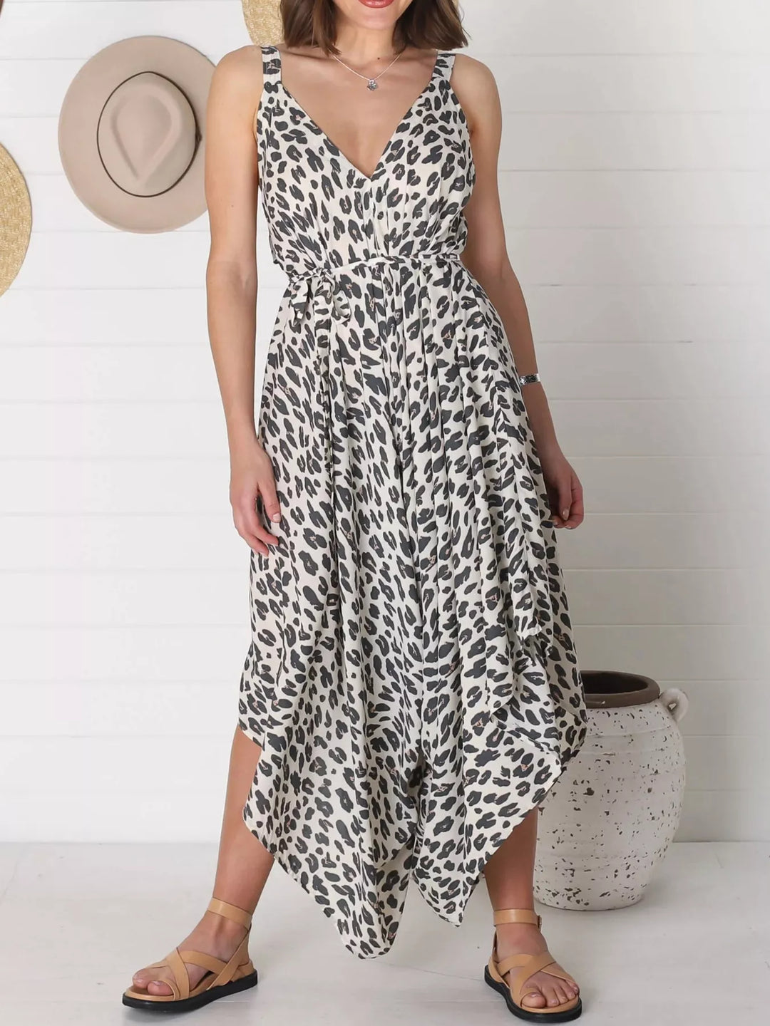 White Full Size Leopard Print V Neck Wide Leg Jumpsuit Plus Size