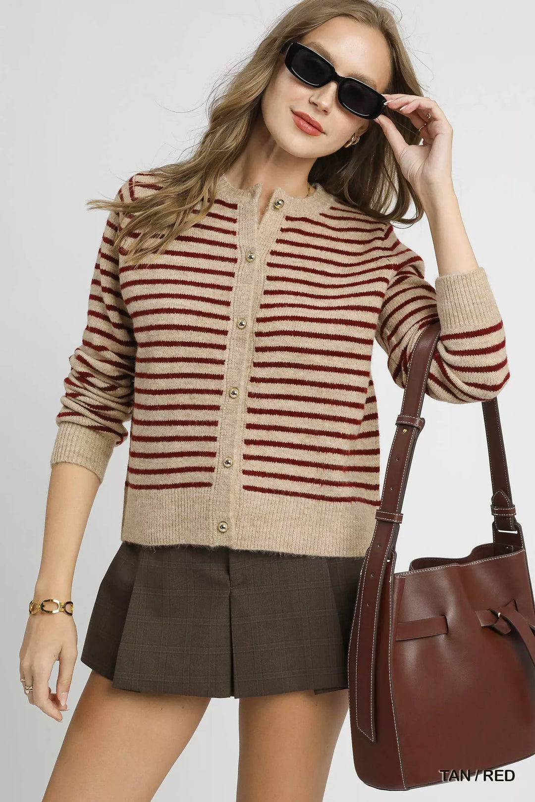 Tan / Red Umgee Striped Button Up Knit Cardigan