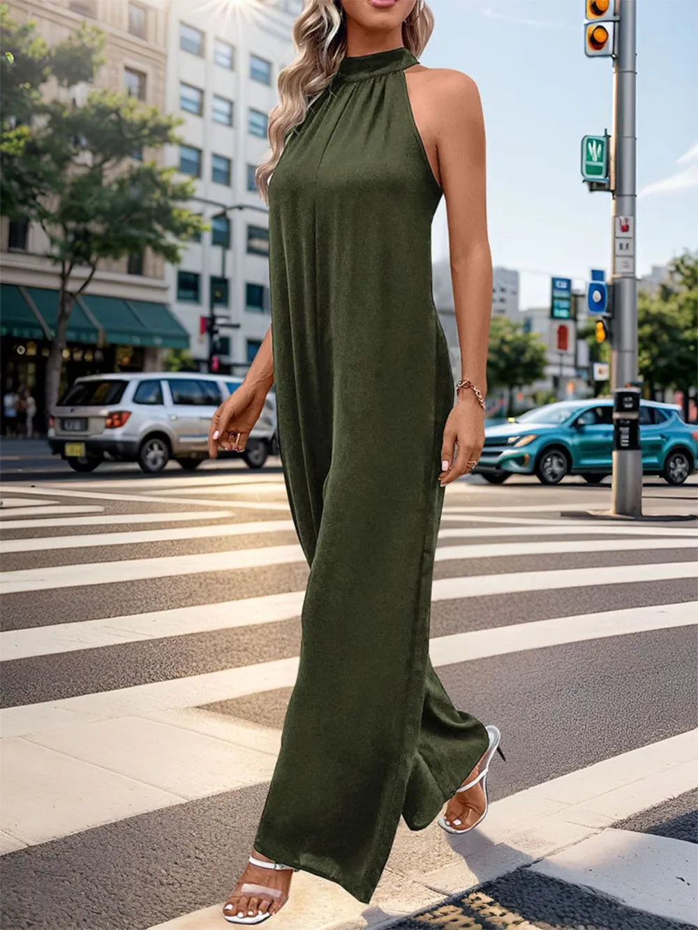 Dark Green Perfee Tied Grecian Wide Leg Jumpsuit