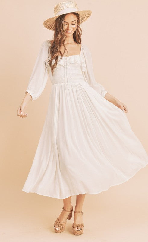 White Aemi Co Ruffled Smocked Square Neck Balloon Sleeve Dress