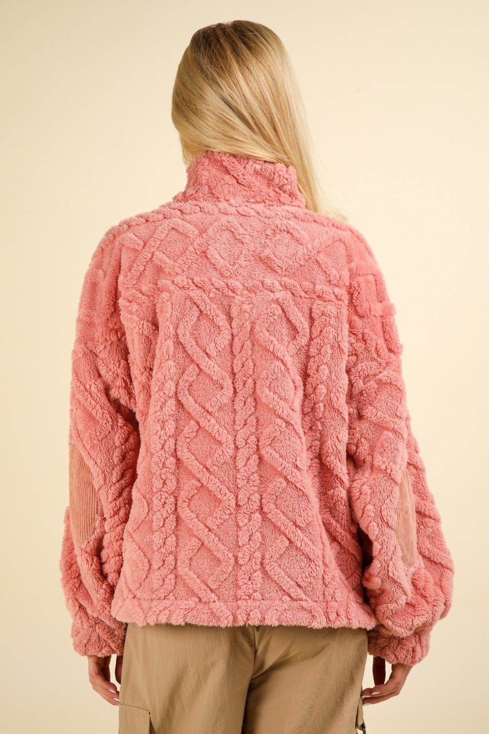 Blush Very J Fuzzy Fleece Half Zip Cable Pattern Sweatshirt