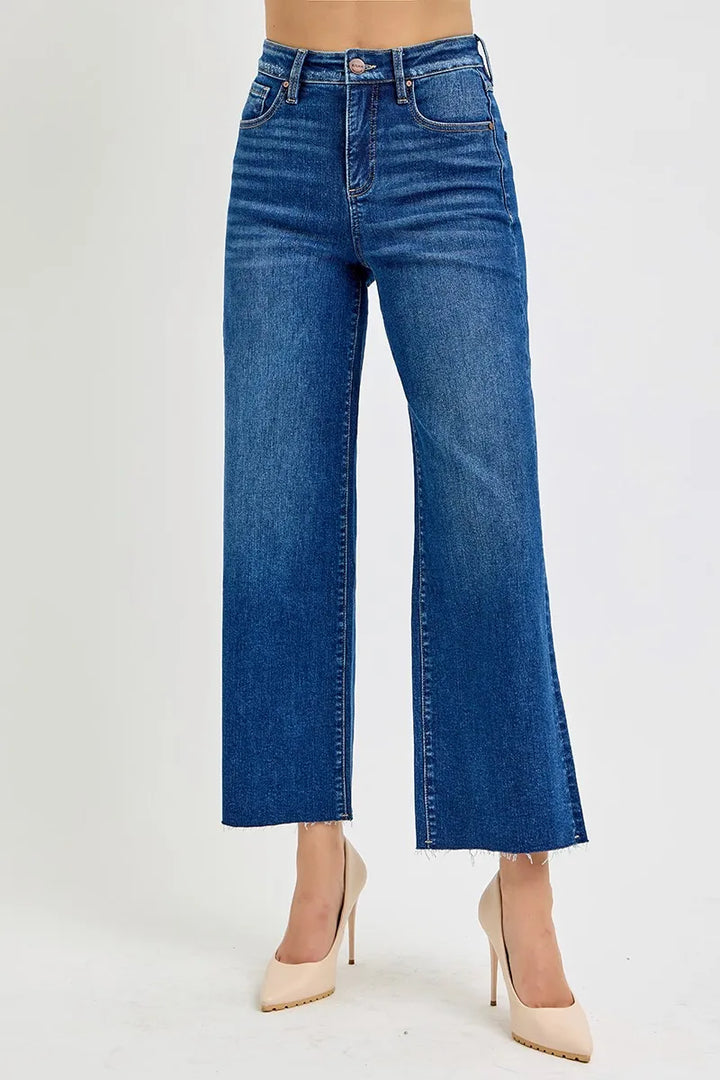 Dark Risen Full Size Tummy Control High Rise Wide Crop Jeans Plus Size