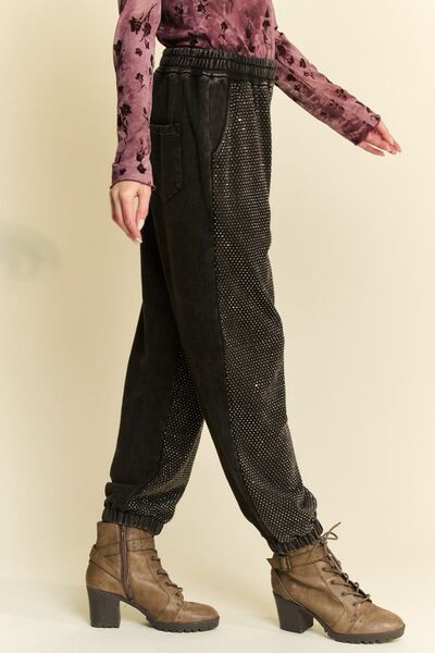 Black Davi Dani Rhinestone Elastic Waist Joggers