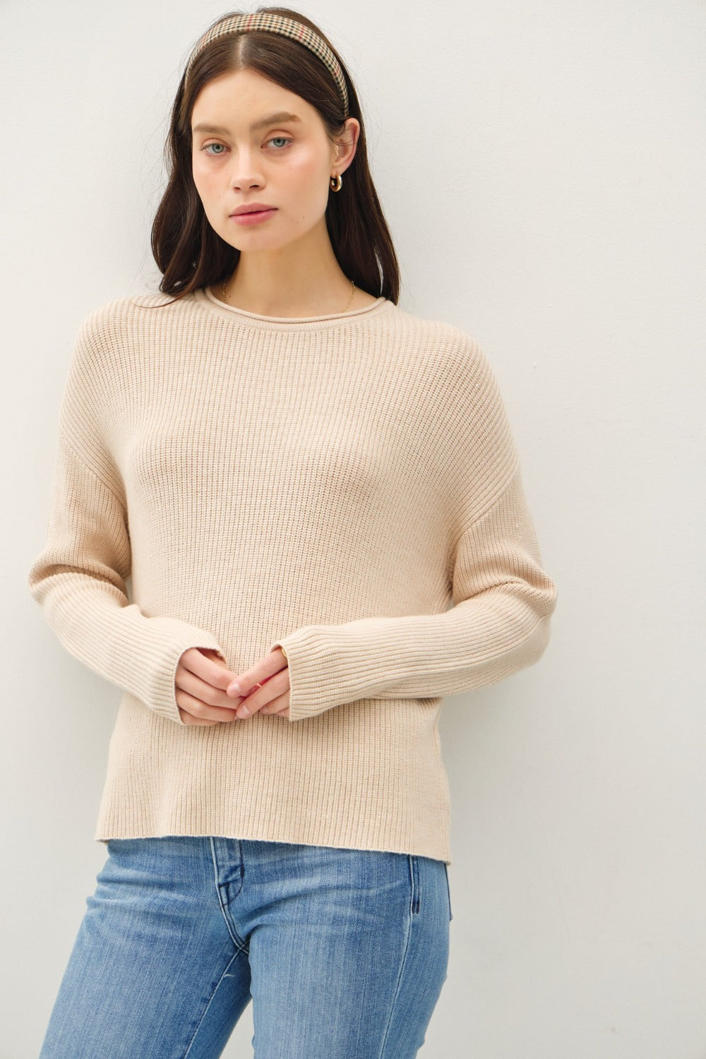 Oatmeal Be Cool Round Neck Long Sleeve Sweater