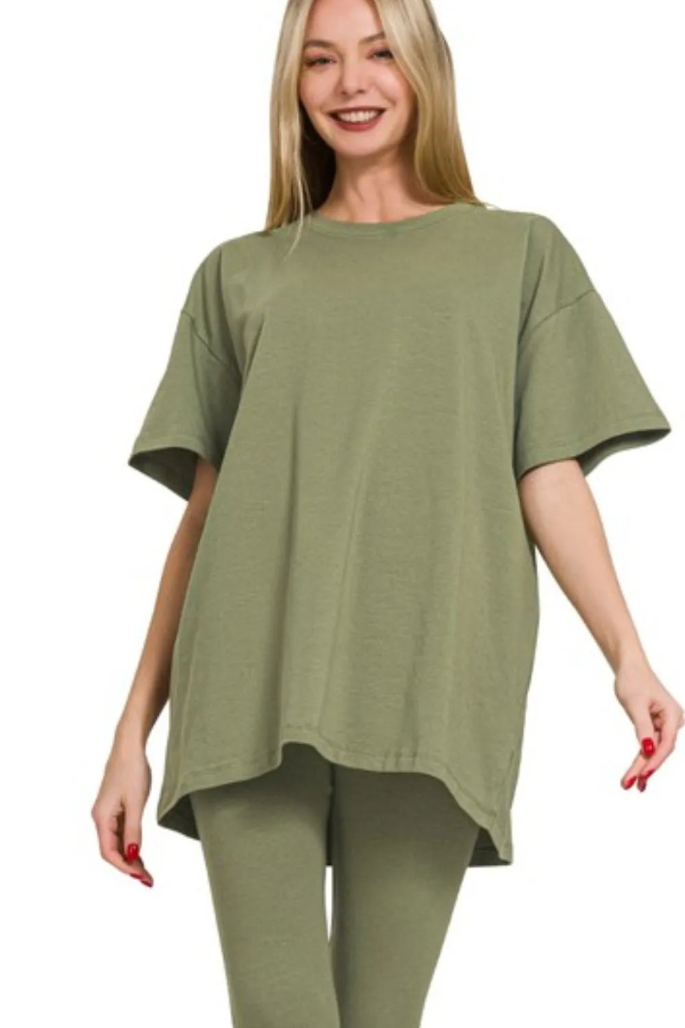 Lt Olive Zenana Cotton Round Neck Top Legging Set 3