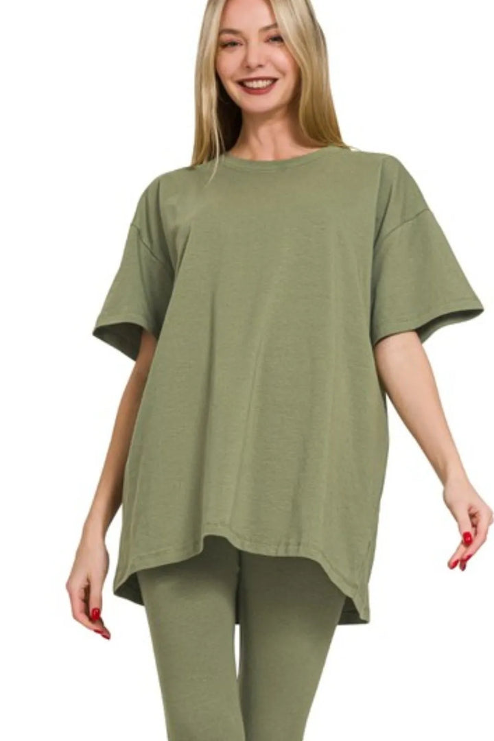 Lt Olive Zenana Cotton Round Neck Top Legging Set 3
