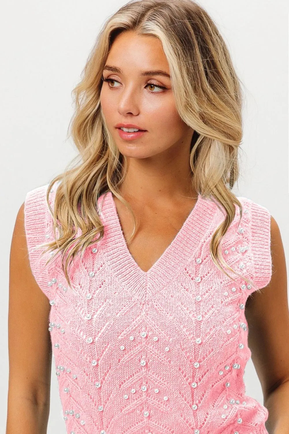 Blush Bibi Chevron Pointelle Pearl Knit Top 1