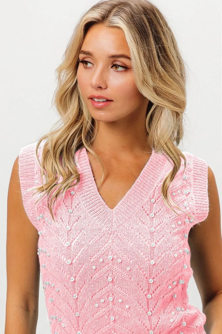Blush Bibi Chevron Pointelle Pearl Knit Top 1