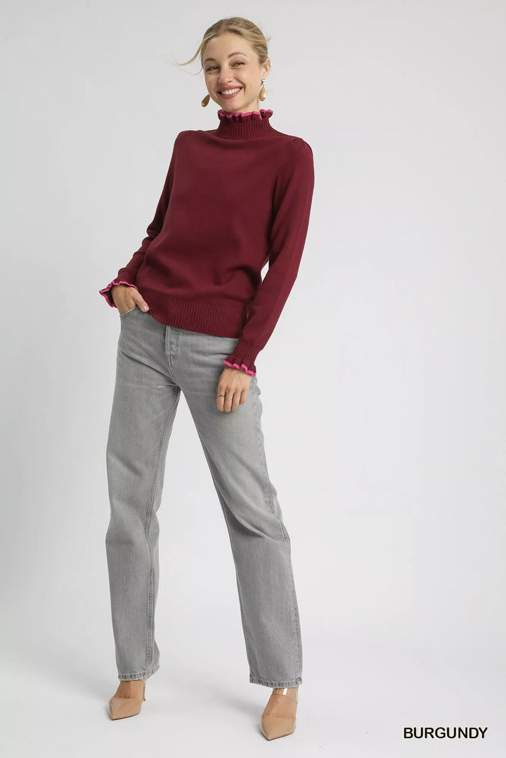 Umgee Ribbed Round Neck Sweater With Ruffle Contrast Trim 1