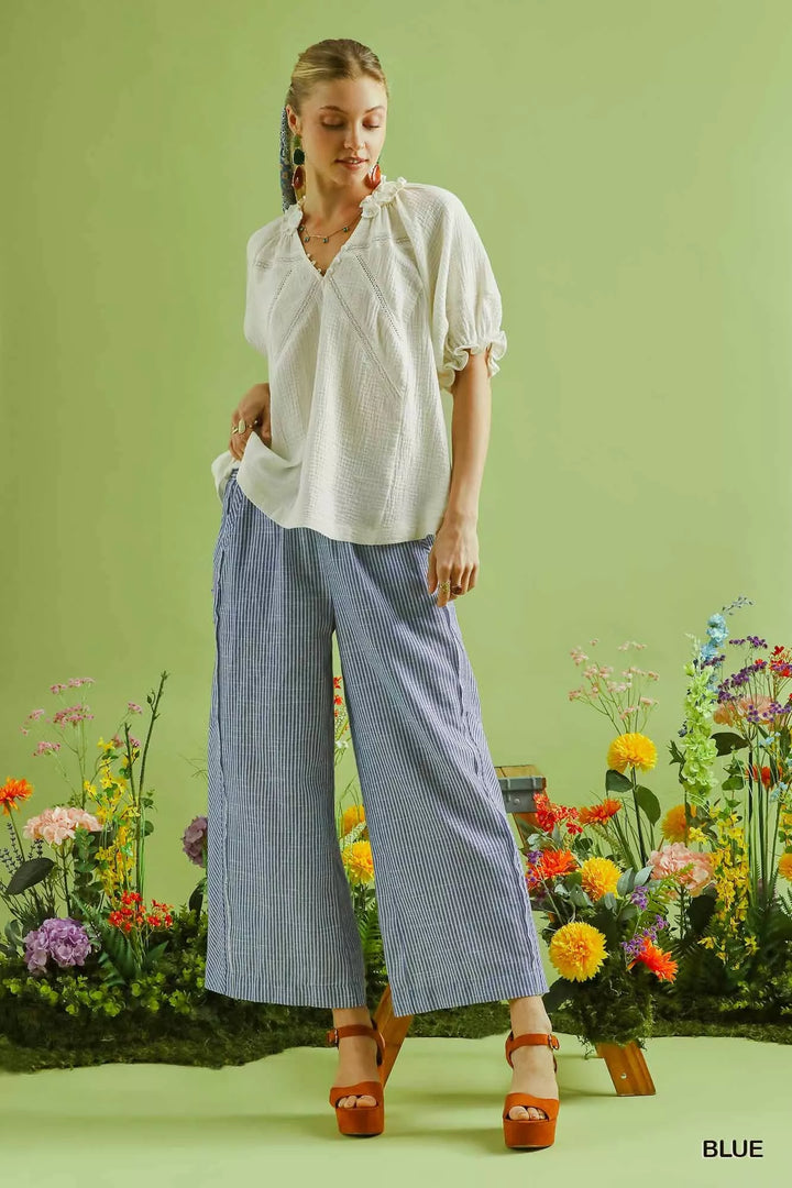 Blue Umgee Linen Blend Striped Wide Leg Pants