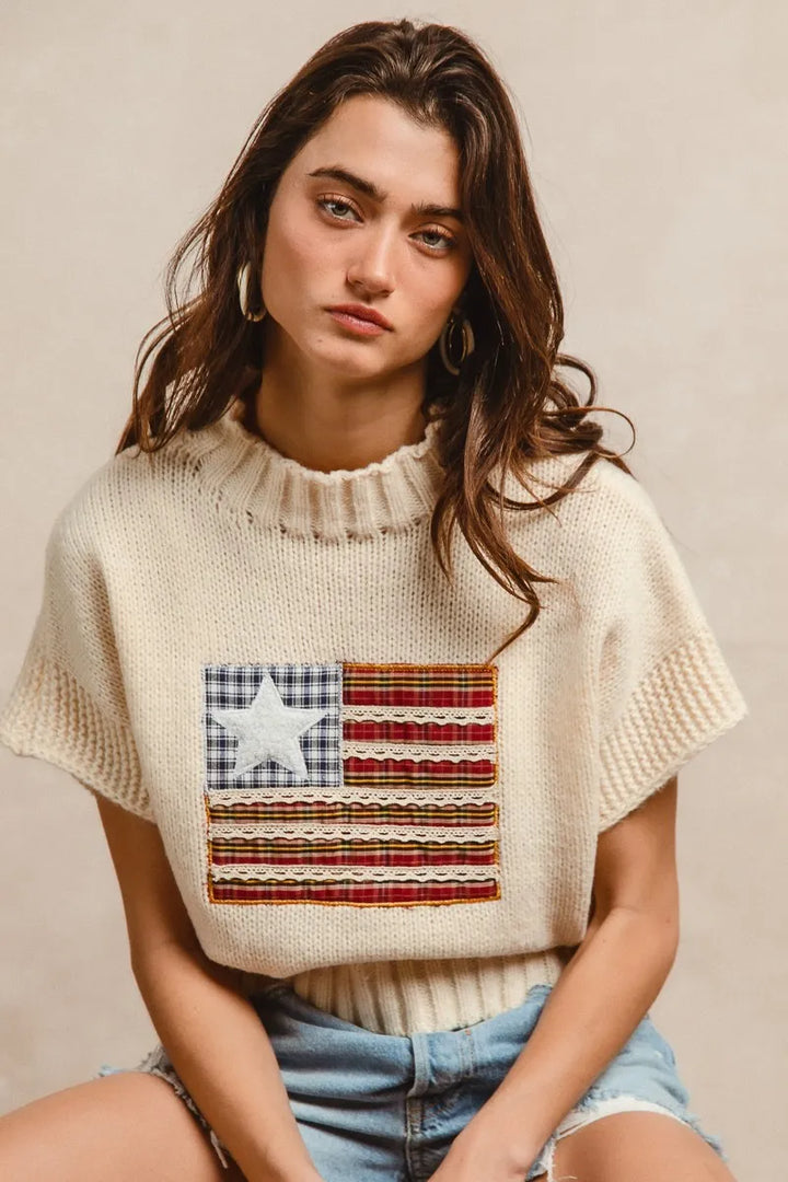 Oatmeal Bibi American Flag Patchwork Drop Shoulder Sweater