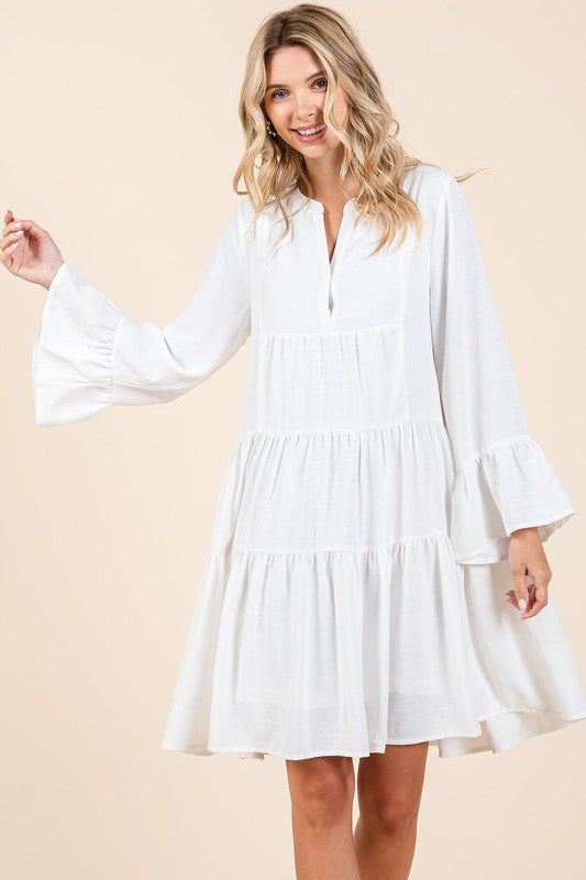 Ivory Mittoshop Tiered Notched Flare Sleeve Dress