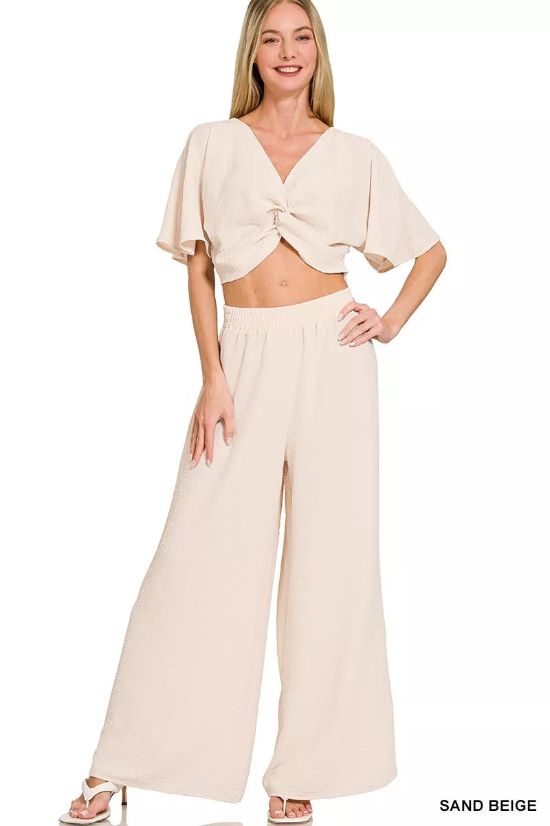 Sand Beige Zenana Woven Airflow Twisted Top Wide Leg Pants Set 1
