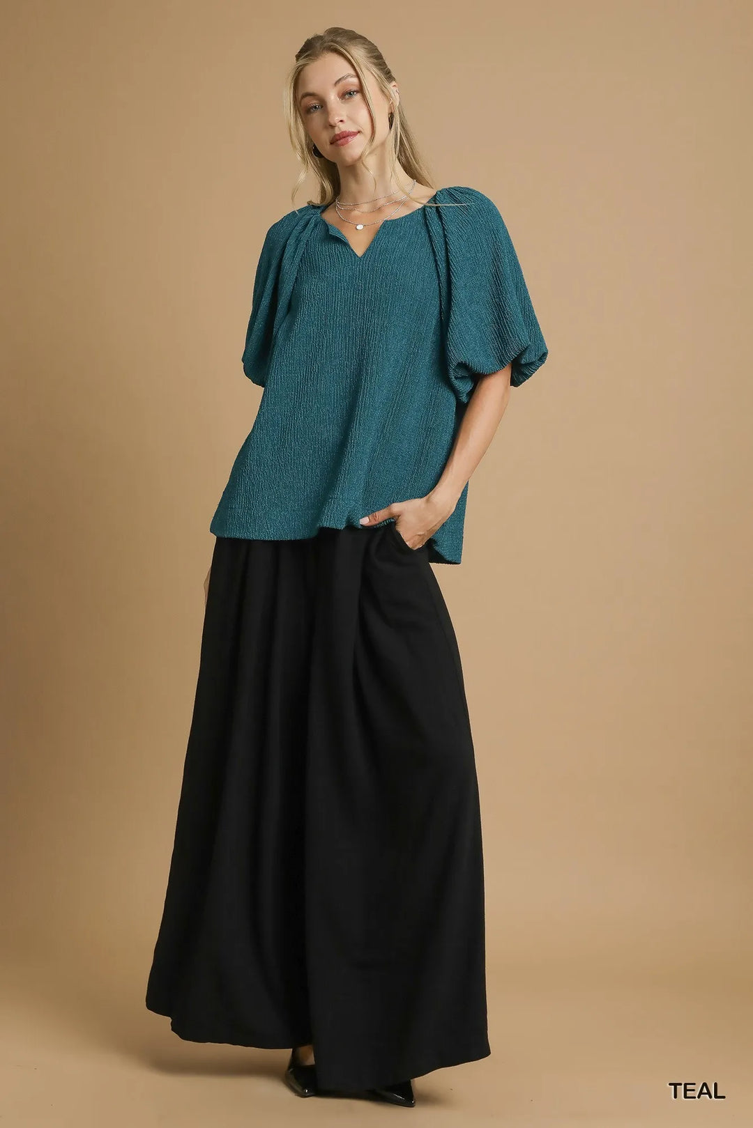 Umgee Textured Flutter Sleeve Notch Neck Top 1