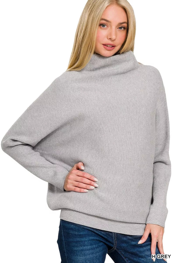 H Grey Zenana Viscose Dolman Sleeve Mock Neck Sweater