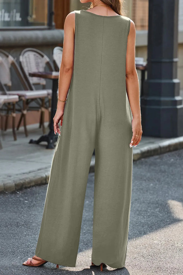 Caramel Full Size V Neck Wide Strap Jumpsuit