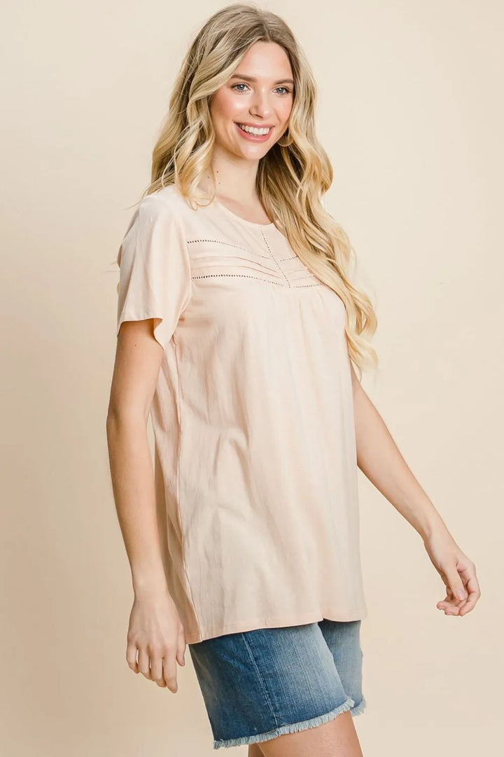 Peach Cotton Bleu By Nu Label Eyelet Round Neck Short Sleeve T Shirt