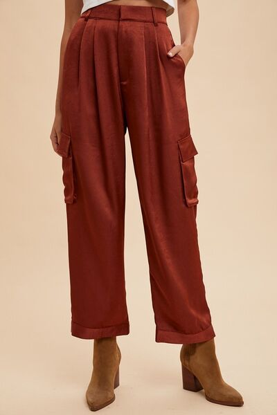 Burgundy Annie Wear Wide Leg Cargo Satin Pants 1