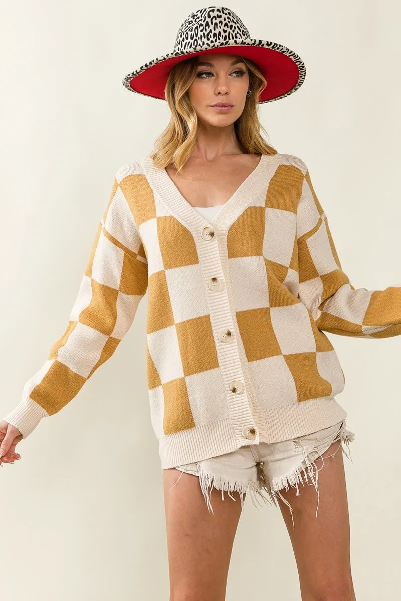 Bibi Checked V Neck Cardigan