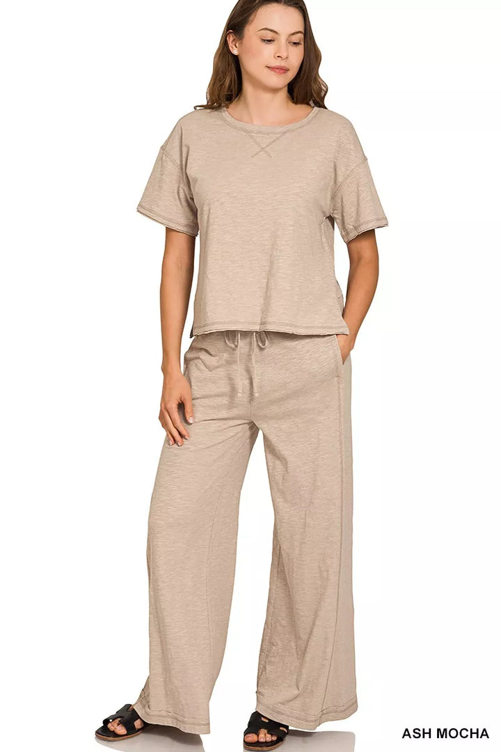 Ash Mocha Zenana Cotton Slub Short Sleeve Tee And Pants Set