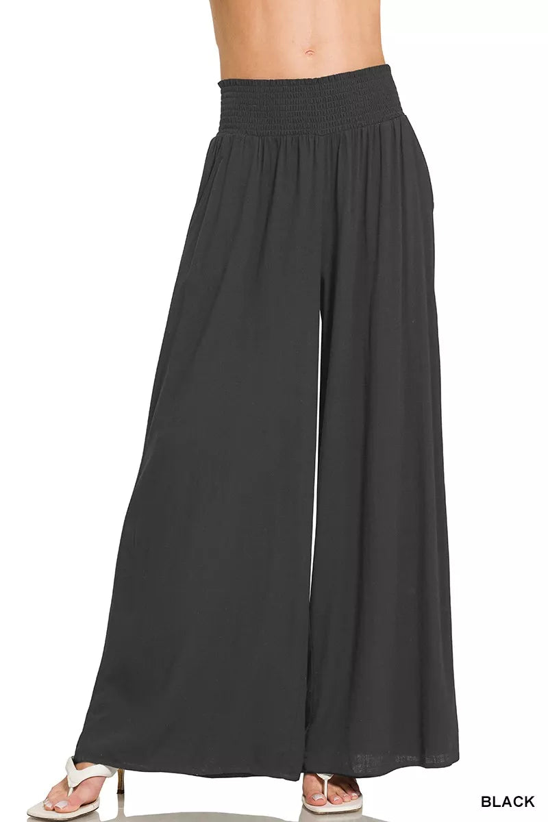 Black Zenana Smocked Waistband Wide Leg Lounge Pants 1