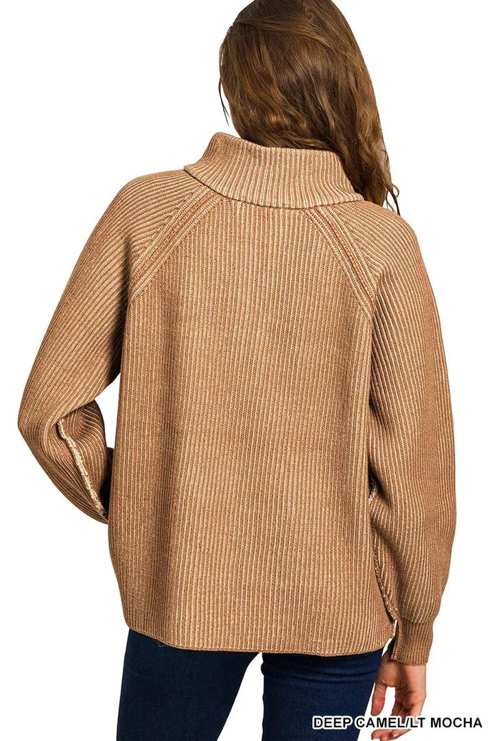 Zenana Ribbed Two Tone Half Zip Sweater