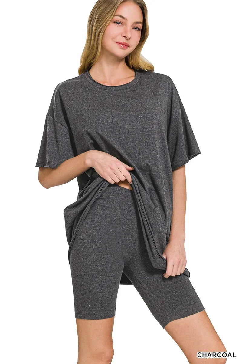Charcoal Zenana Cotton Round Neck Top Biker Shorts 3