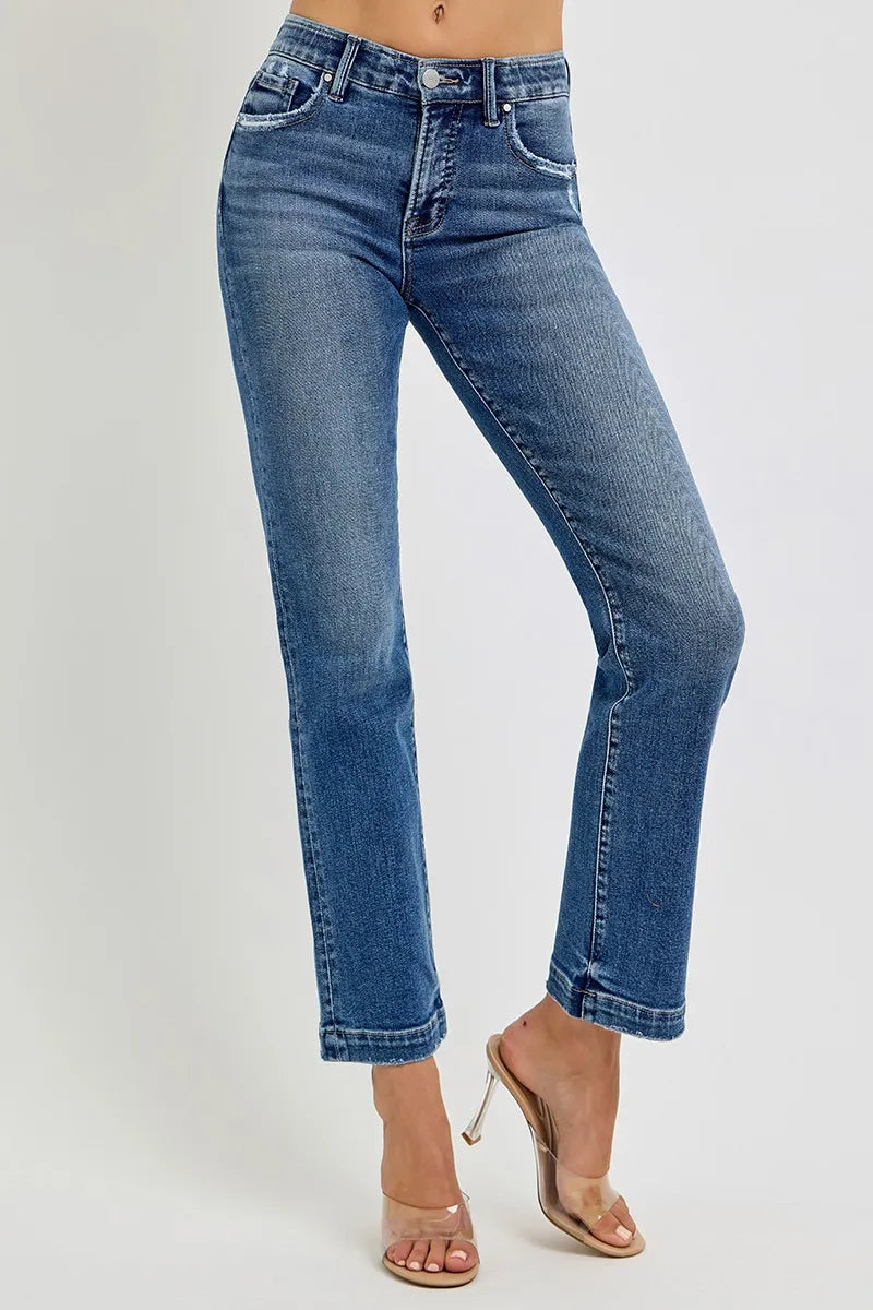 Dark Risen Full Size Tummy Control Elastic Band Mid Rise Straight Jeans Plus Size