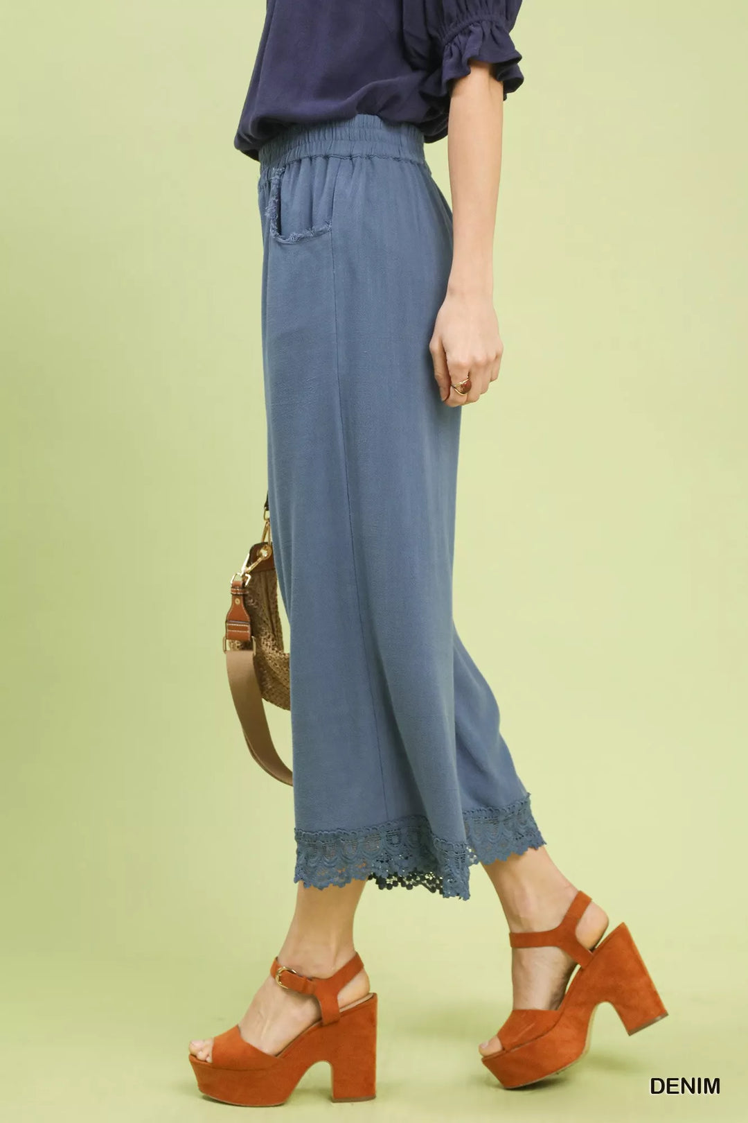 Denim Umgee Linen Wide Leg Cropped Pants With Lace Trim 1