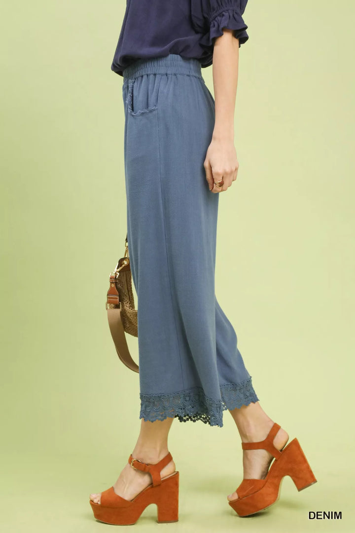 Denim Umgee Linen Wide Leg Cropped Pants With Lace Trim 1