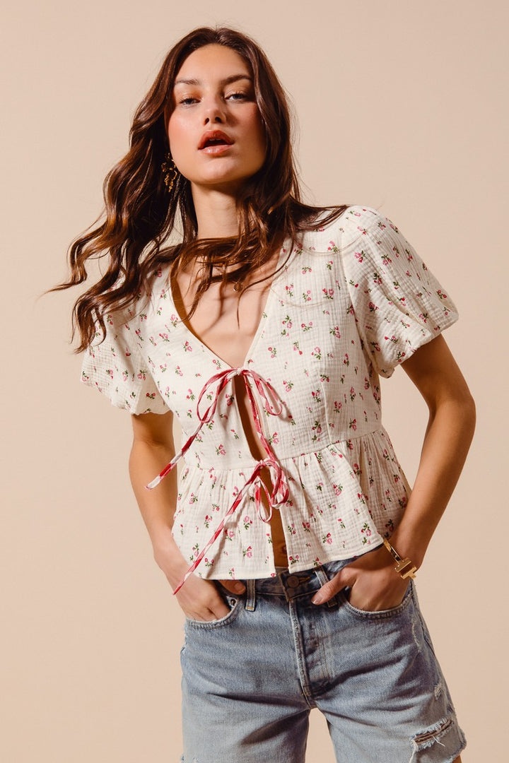 Ivory/Red Check So Me Ditsy Floral Print Gauze Tie Front Blouse