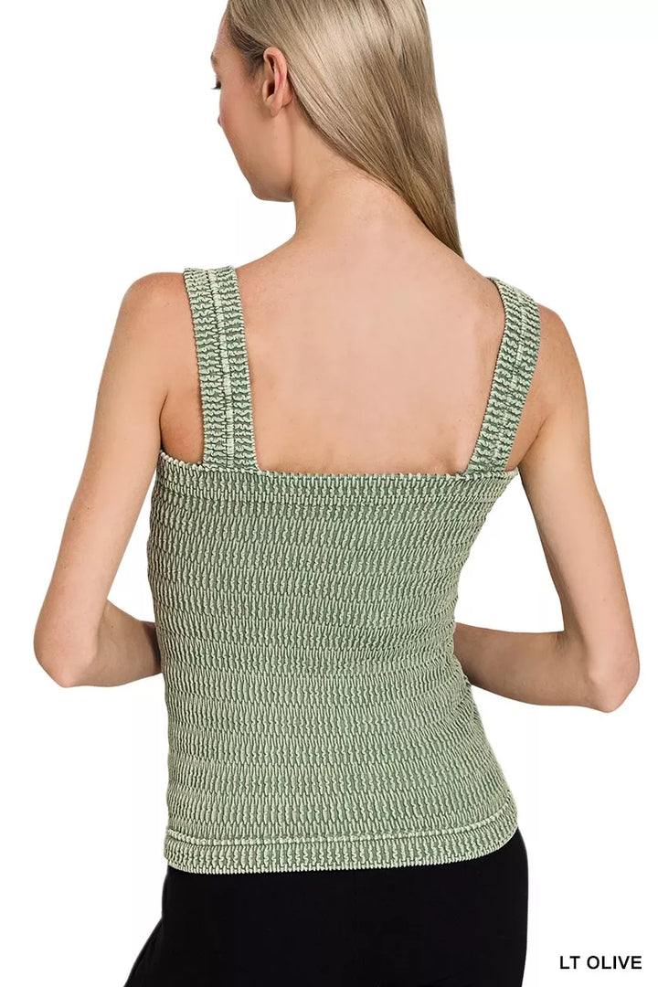 Lt Olive Zenana Seamless Winkle Stone Washed Tank Top 1