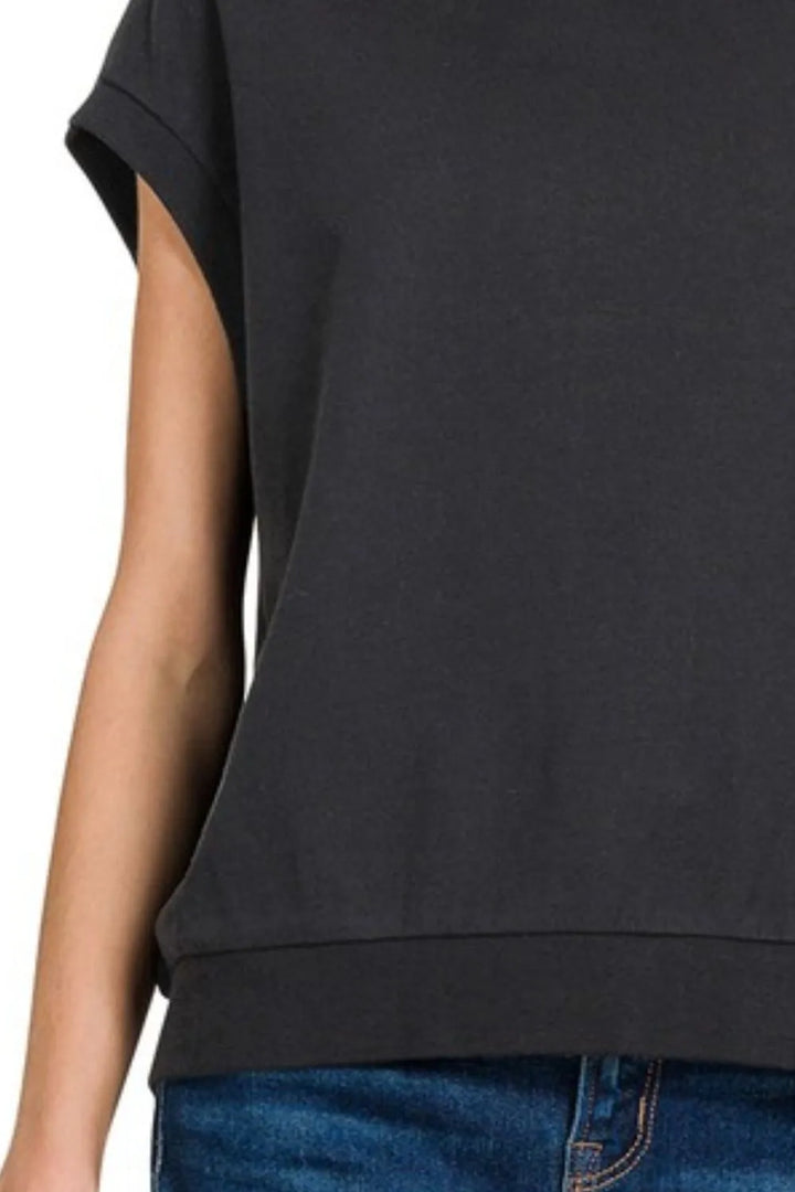 Black Zenana French Terry Round Neck Cap Sleeve T Shirt