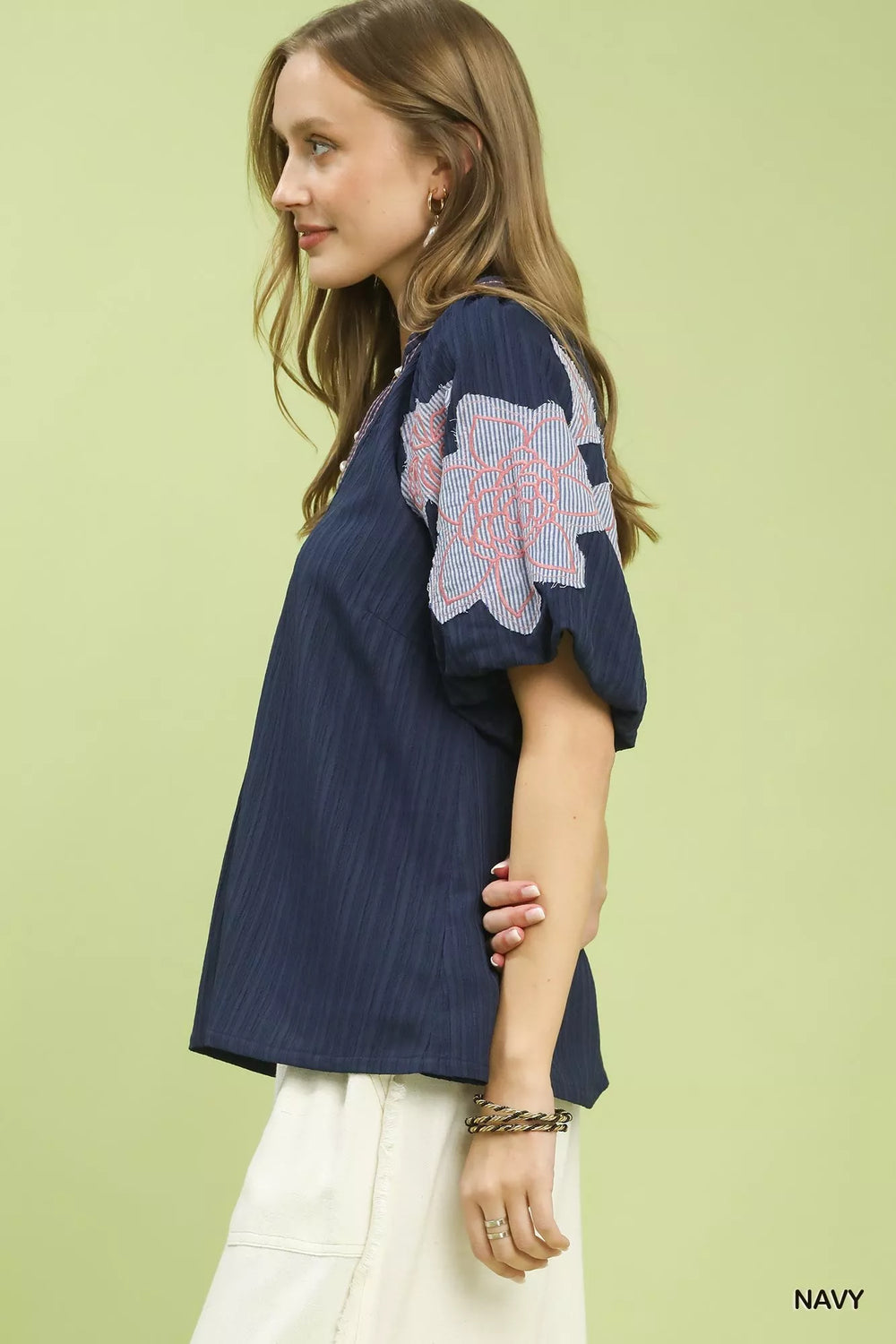 Navy Umgee Embroidered Balloon Sleeve Notch Neck Blouse
