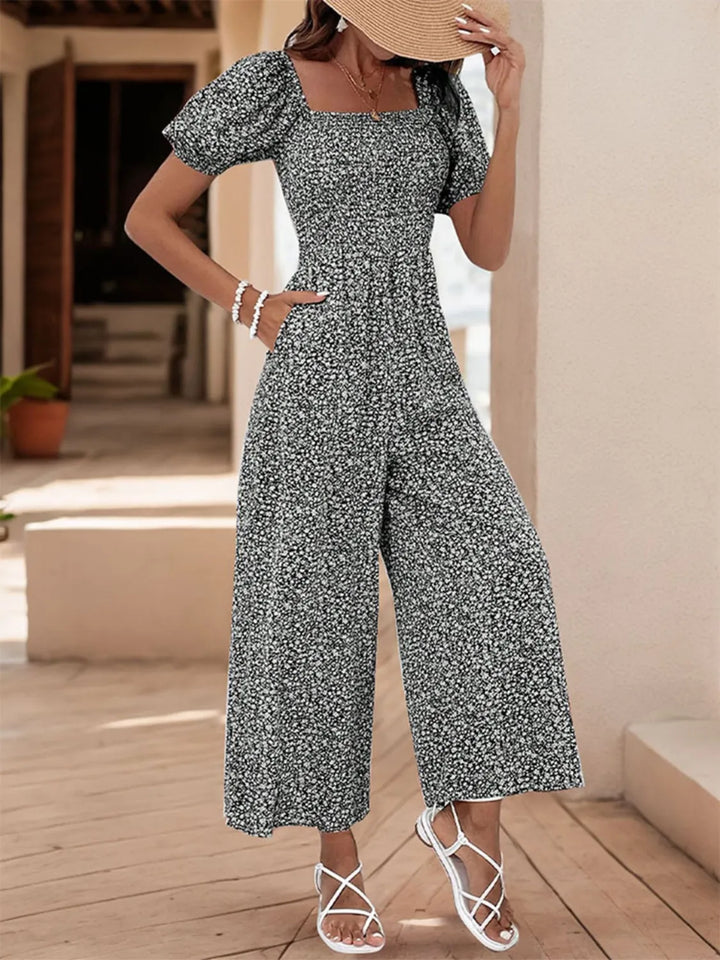 Black White Printed Square Neck Puff Sleeve Jumpsuit 1