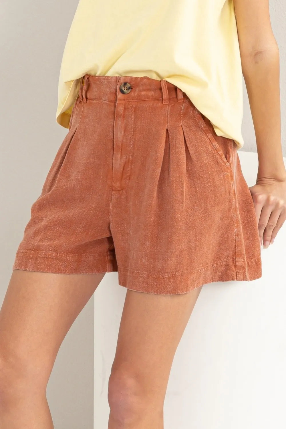 Baked Clay Hyfve High Waist Pleated Linen Shorts 2