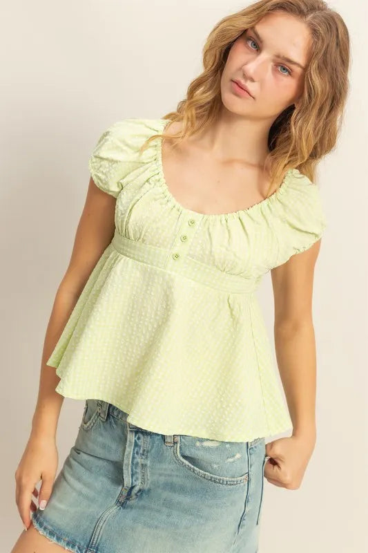 Lime Green Hyfve Gingham Scoop Neck Cap Sleeve Blouse 3
