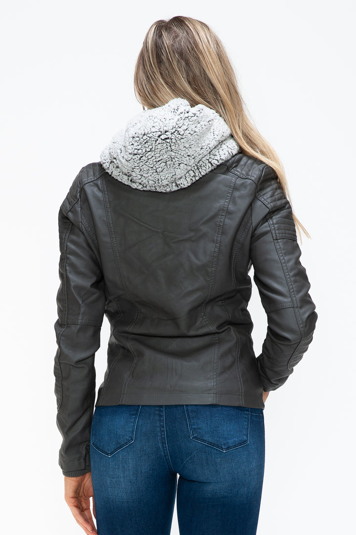 Ymi Removable Faux Layered Multi Pocket Jacket With Fuzzy Hood 1