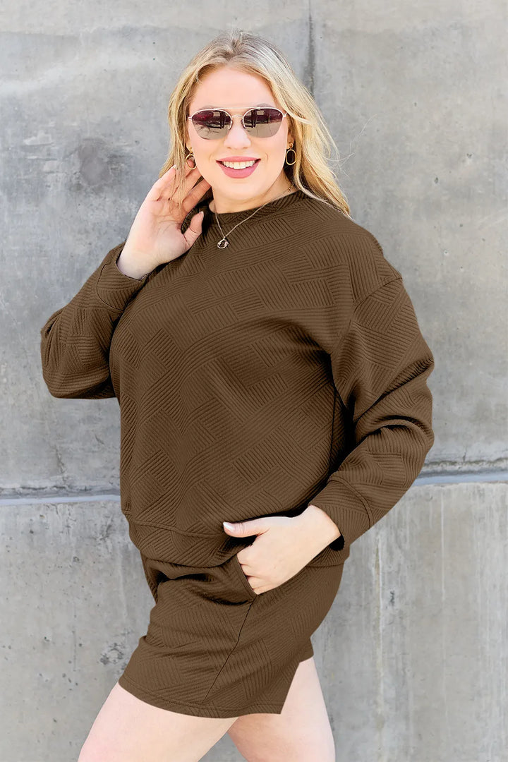 Chestnut Double Take Full Size Texture Long Sleeve Top And Drawstring Shorts Set