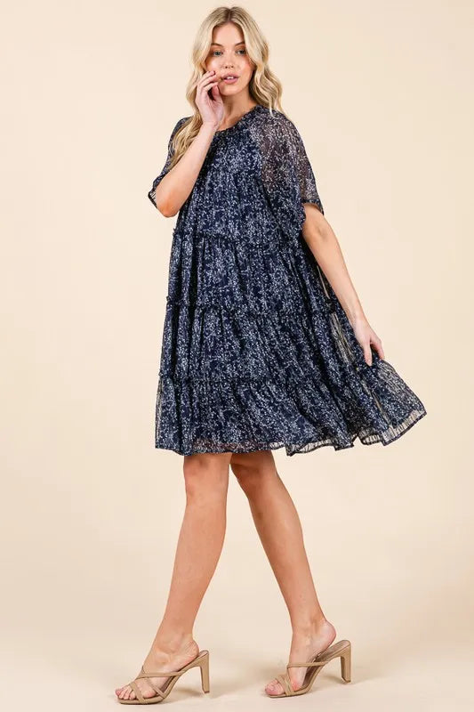 Navy Combo Lime N Chili Ditsy Floral Print Sheer Ruffle Detail Mini Dress