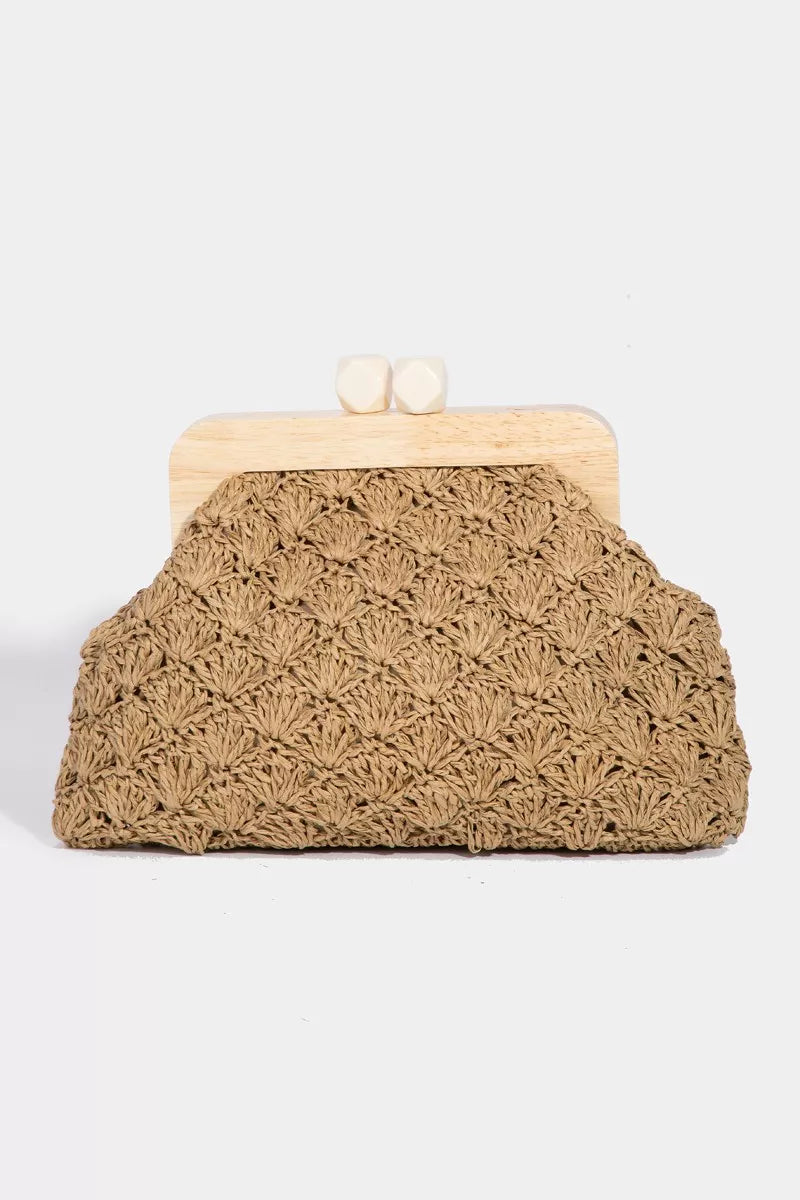 Ka Fame Straw Braided Wooden Frame Cluch Bag