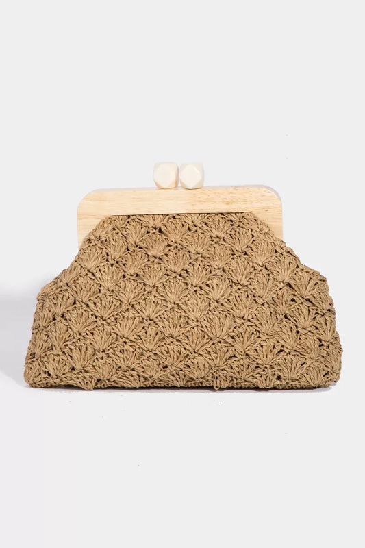 Ka Fame Straw Braided Wooden Frame Cluch Bag