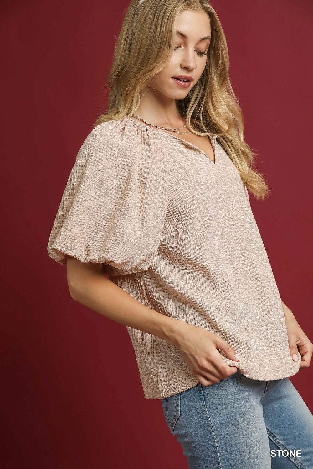 Stone Umgee Texture Puff Sleeve Notched Blouse