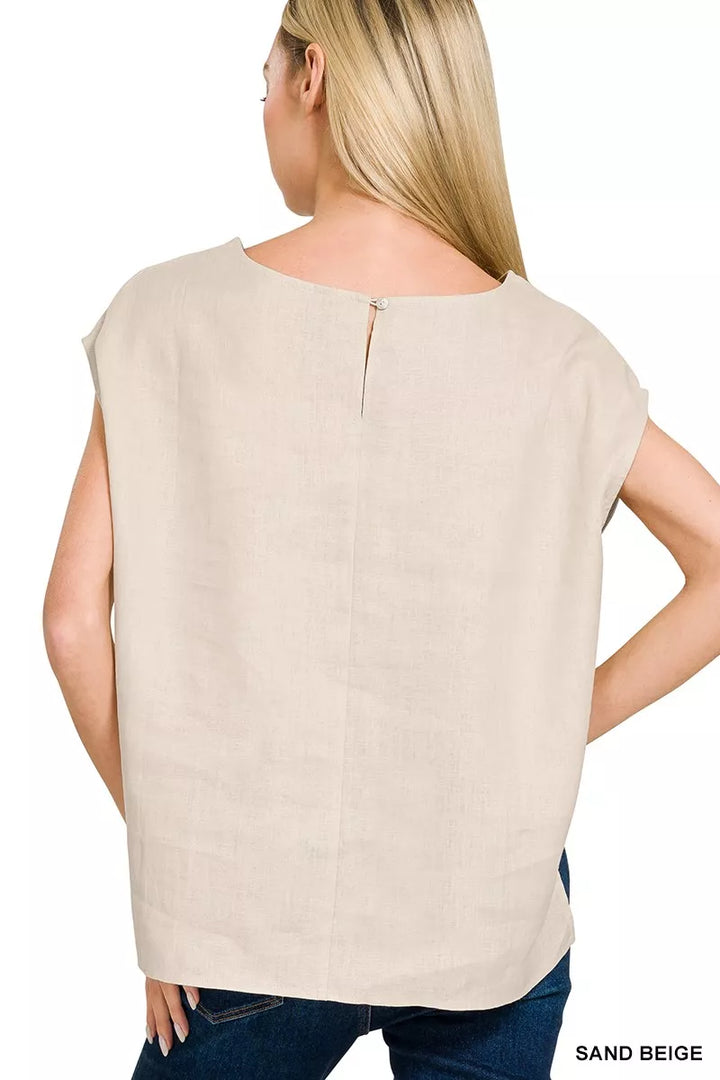 Sand Beige Zenana Linen Round Neck Cap Sleeve Top 2