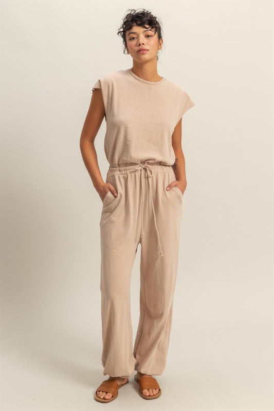 Tan Hyfve Back Keyhole Round Neck Cap Sleeve Drawstring Jumpsuit