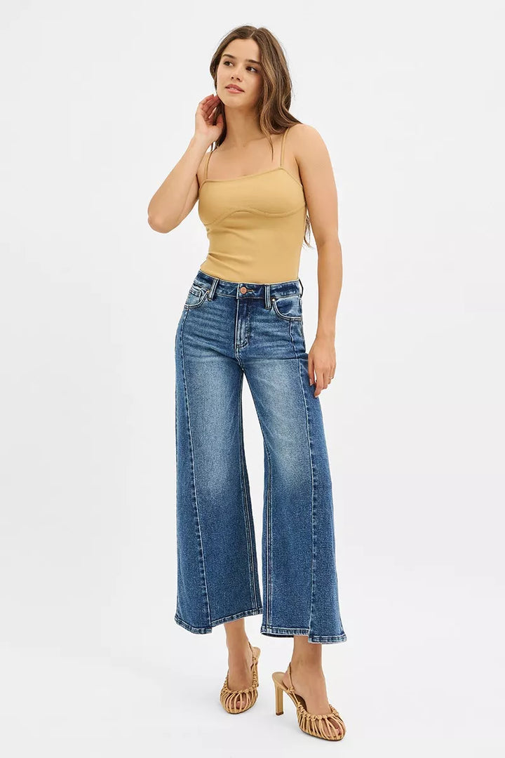 Dark Risen High Rise Crop Wide Leg Jeans With Step Hem